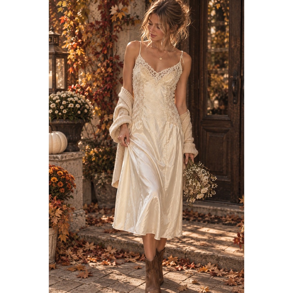 Circa 2000 M Ivory Satin Lace Midi Dress Y2K Coquette Fairy Grunge Bridal